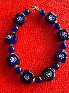 Cobalt Blue Millefiori Glass Bead Bracelet